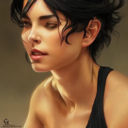 Prompt: a black haired woman in a black tank top, muscular upper body, D&D, fantasy, intricate, elegant, highly detailed, digital painting, artstation, concept art, smooth, sharp focus, illustration, art by artgerm and greg rutkowski and alphonse mucha