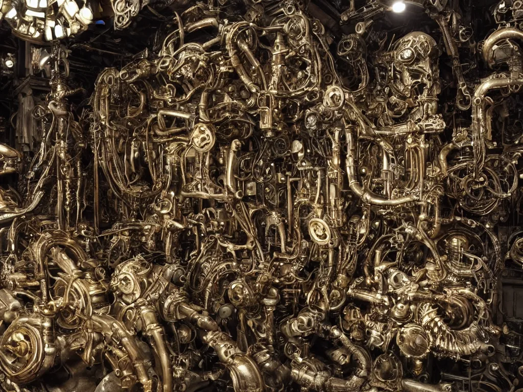 Image similar to < highly detailed machinery, gold silver copper bronze metal, hundreds of gears, a thousand pipes, human skulls, ivory eyeballs, rust, rivets, dark gloomy with creepy lighting, style of H.R. Giger