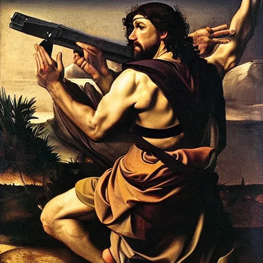 Prompt: Jesus Christ as Rambo hanging from a helicopter and shooting a gun ,Caravaggio