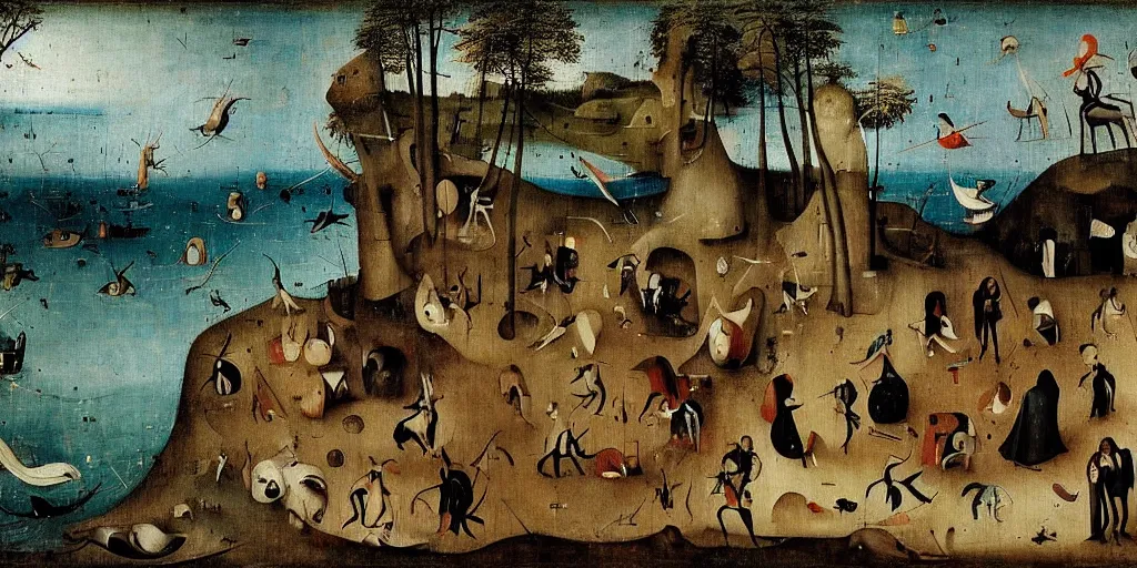 Image similar to in the endless forest there was a blue sea, and five men in suits stood evenly, holding out their hands in the direction of the sea ， by hieronymus bosch