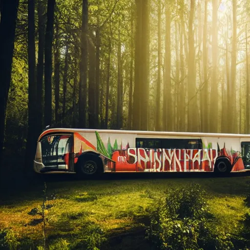 Image similar to very creative livery on big commercial bus in misty forest scene, the sun shining through the trees