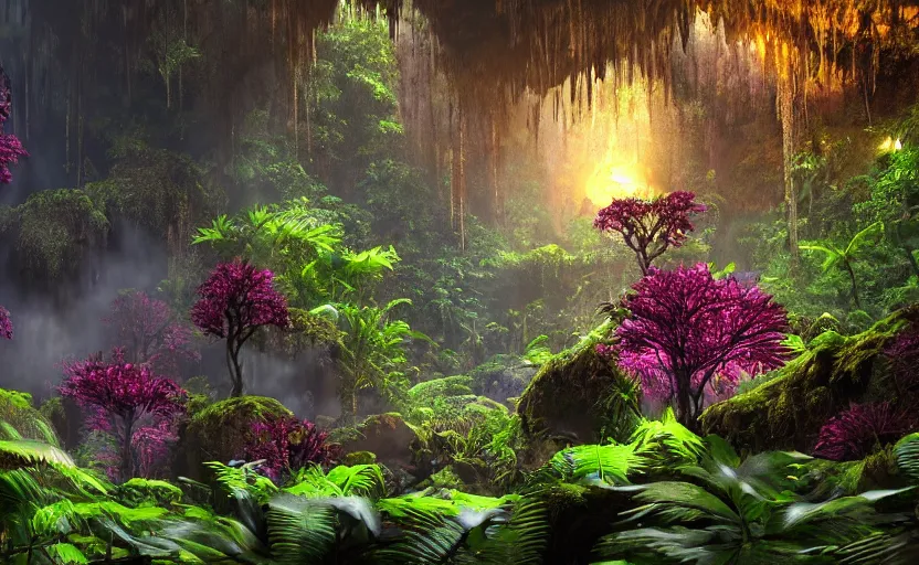 Image similar to a beautiful render of a dark prehistoric rainforest in a humongous cave, lush flora, patches of sky, magenta flowers, sunset, floating mountains and a waterfall in the background, intricate detail, hazy, humid, volumetric lighting, 8 k, photorealistic, raytracing effects, unreal engine 5