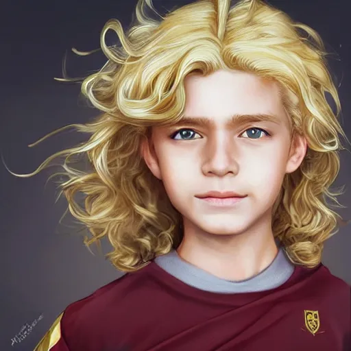 Prompt: a curly blonde hair hufflepuff boy age 1 1 years old with grey eyes, cute, happy!! fantasy, portrait, highly detailed, digital painting, artstation, concept art, sharp focus, illustration, art by artgerm and greg rutkowski and magali villeneuve