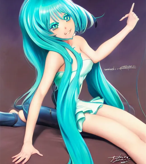 Image similar to anime art of beautiful Hatsune miku with beautifel legs by artgerm, rossdraws, magali villeneuve, Gil Elvgren, Alberto Vargas, Earl Moran,, Art Frahm, Enoch Bolles