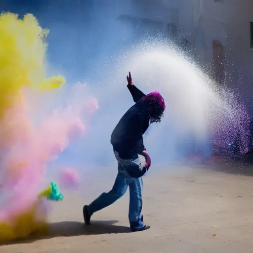 Prompt: a man dissolving in a explosion of colorful powder