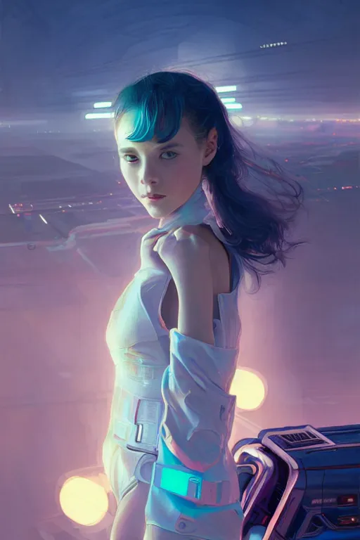 Image similar to portrait futuristic Airforce Girl, looking at the camera, in future airport rooftop , sci-fi, fantasy, intricate, very very beautiful, elegant, human anatomy, neon light, highly detailed, digital painting, artstation, concept art, smooth, sharp focus, illustration, art by tian zi and WLOP and alphonse mucha