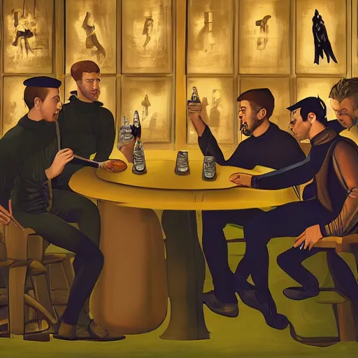 Prompt: detailed digital art of five male artists talking intelligently in a futuristic cyberpunk cafe while drinking beer in style of caravaggio, chiaroscuro, hieronymus bosch, tenebrism, blade runner, muted colors, 4 k