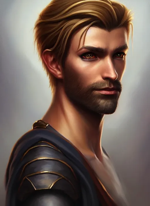 Prompt: a _ fantasy _ style _ portrait _ painting _ of wizard male, medium dark blonde pulled back side part and blonde stubble, rpg dnd oil _ painting _ unreal _ 5 _ daz. _ rpg _ portrait _ extremely _ detailed _ artgerm _ greg _ rutkowski _ greg