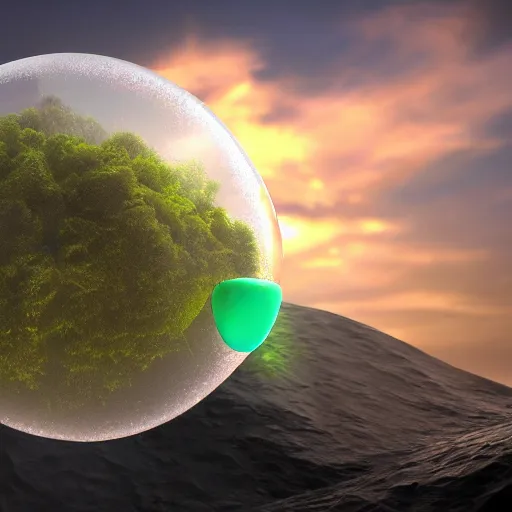 Image similar to a green opaque bubble floating in the center of a sunset cliff, white particles going up inside the bubble, digital concept art, 4 k