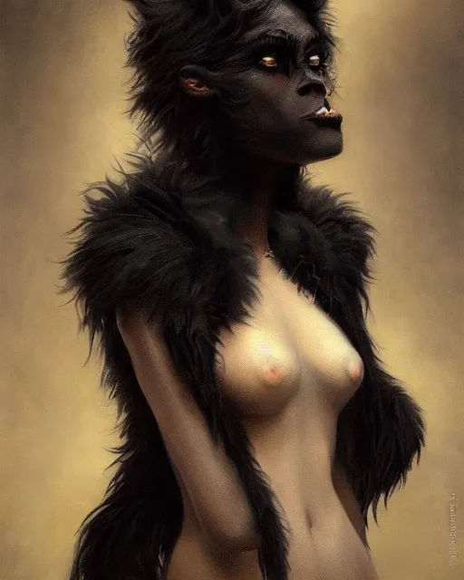 Image similar to a portrait of black furry shadow nightmare monster hybrid human in a background of deep shadows, illustration, dramatic lighting, soft details, painting oil on canvas, art nouveau, octane render, HDR, 4k, 8k, HD, by Edmund Blair Leighton, Brom, Charlie Bowater, trending on artstation, Tom Bagshaw, faces by otto Schmidt