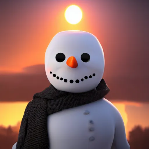 Prompt: a highly detailed humanoid snowman in business suit with black eyes and mouth, no nose, artstation, DeviantArt, professional, octane render, sunset lighting