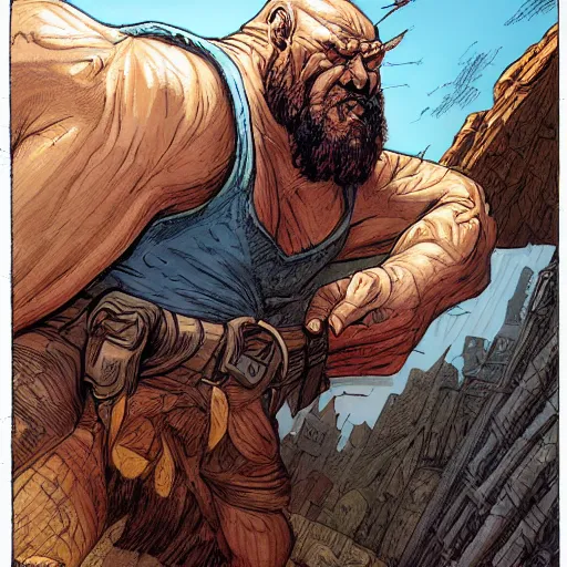 Prompt: precisely drawn illustration of angry giant, wide angle, sharp, fine details, French comic style, vibrant realistic colors, full color, heroic fantasy, intense line art, 8k, precise linework, realistic, in the style of Richard Corben and Moebius