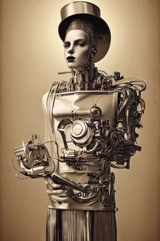 Image similar to a beautiful ultradetailed vintage photo of a futuristic cybernetic cyborg male wearing a tall white chef hat and an apron, by tom bagshaw and natalie shau, portrait, 3 5 mm lens, golden ratio composition, detailed face, studio photography, very detailed, humanoids, industrial robots, artstation, 8 k, highly coherent