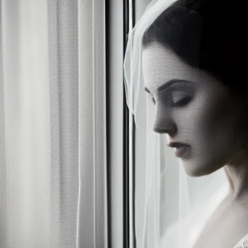 Image similar to Photorealistic portrait of a woman model wearing a wedding veil, looking out the window, dramatic lighting, 55mm