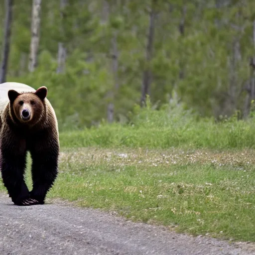 Prompt: a bear chasing a camper