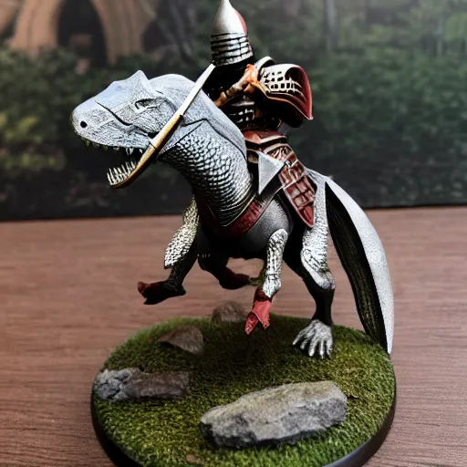 Image similar to D&D, high detail, miniature of medieval knight riding an allosaurus, heavy cavalry, Asgard rising, MyMiniFactory, 28mm scale