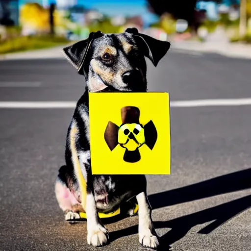 Image similar to professional photo of a dog holding a sign with a nuclear radiation warning on it skull and crossbones yellow three triangles