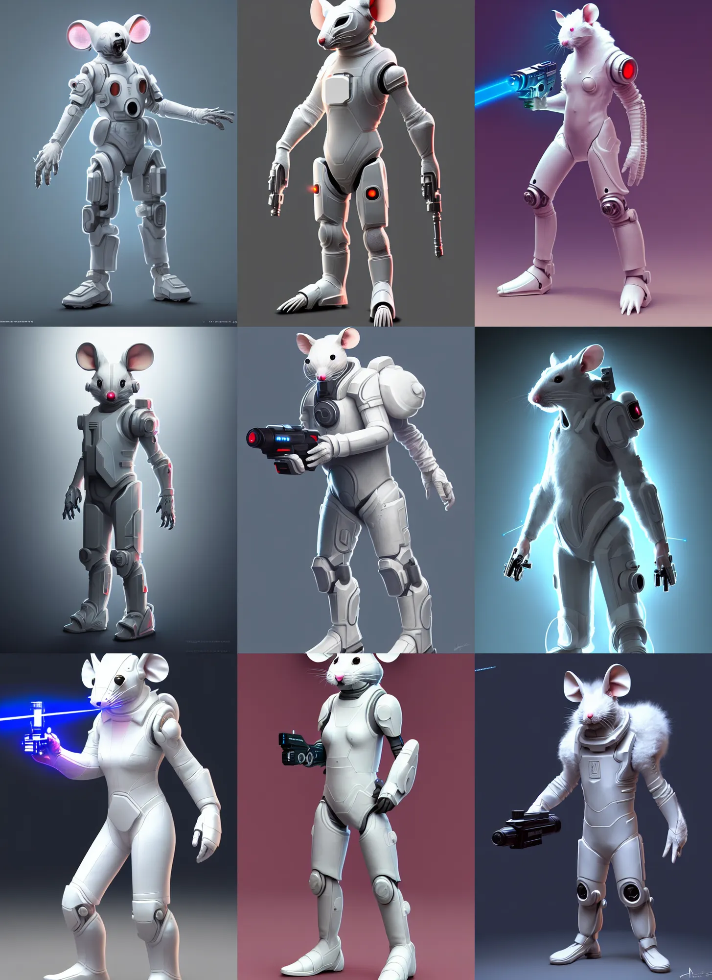 Prompt: full body character of an antropomorphic white furred mouse technomage in light tech armor holding a laser pistol, high detail, scifi, cyberpunk style, soft studio lighting, digital painting, concept art, octane render