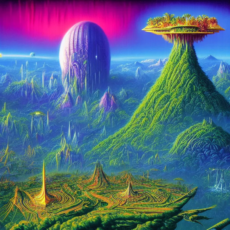 Image similar to cosmic flying cities sailing over lush rainforest mountaintops, synthwave, bright neon colors, highly detailed, cinematic, tim white, vladimir kush, philippe druillet, roger dean, bob eggleton, michael whelan, boris vallejo, alfred kelsner, kubrick, jaroslaw jasnikowski