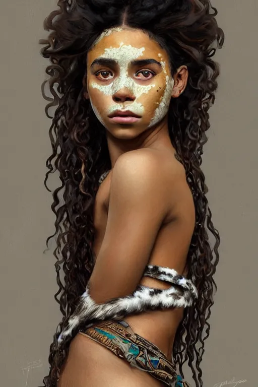 Image similar to portrait of a beautiful young aztec girl with vitiligo, covered in jaguar fur cloths, different colored eyes, curly black and brown hairs, by greg rutkowski and alphonse mucha, d & d character, gradient white to silver, highly detailed portrait, digital painting, artstation, concept art, smooth, sharp focus ilustration, artstation hq