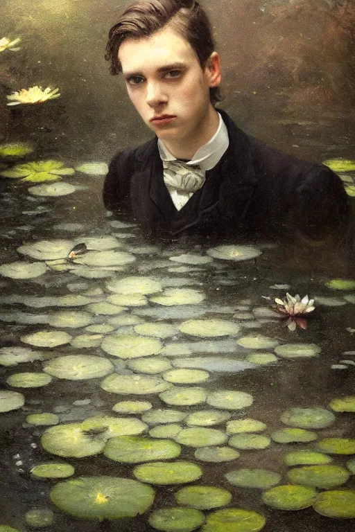 Image similar to detailed cinematic moody colors studio portrait of a young victorian gentleman in a beautiful victorian water pond, water lilies, high quality by jeremy mann, only one head single portrait