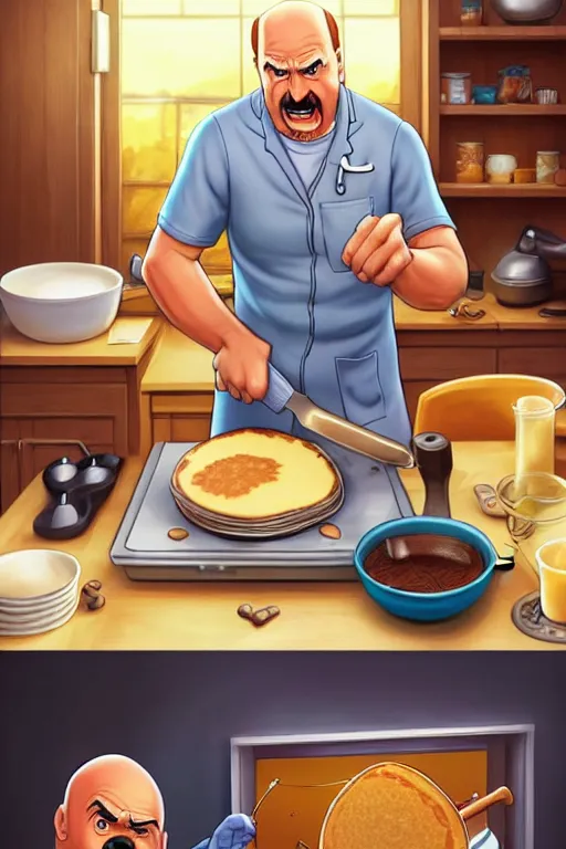 Image similar to dr phil making pancakes, animation pixar style, by pendleton ward, magali villeneuve, artgerm, rob rey and kentaro miura style, golden ratio, trending on art station