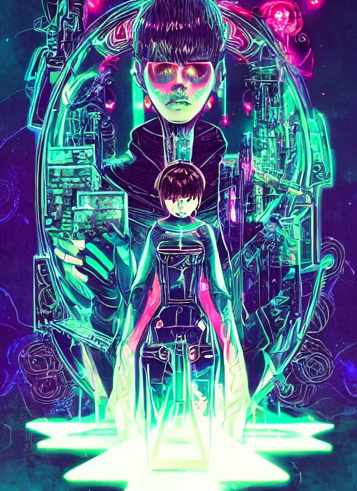 Prompt: white arc - witch with mystic robotic, blade runner, akira, ghost in the shell, elden ring, style of laurie greasley and satoshi kon + symmetric lights and smoke, psychedelic effects, glowing particles, neon rain, glowing runes, de - noise, symmetrical composition, high detailed + tarot card, ornate border, 8 k