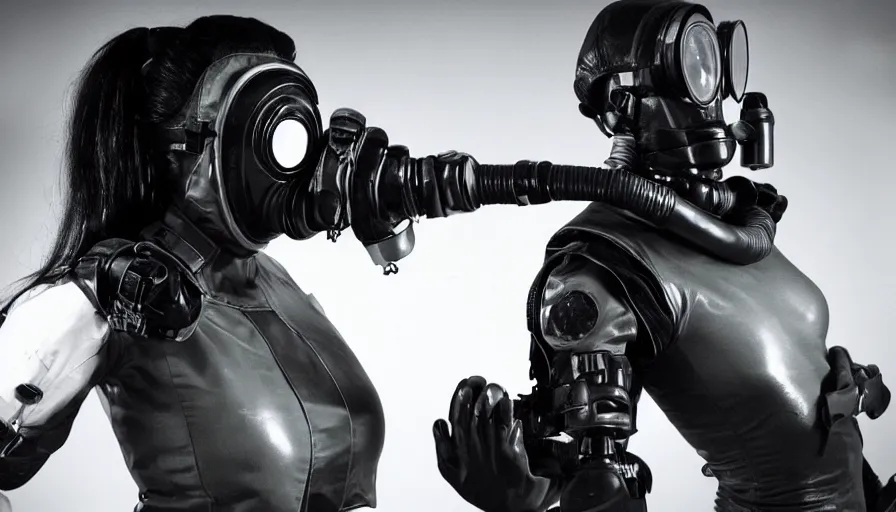 Image similar to big budget tv show where a female cyborg in a gas mask and rubber suit rips off an alien's head