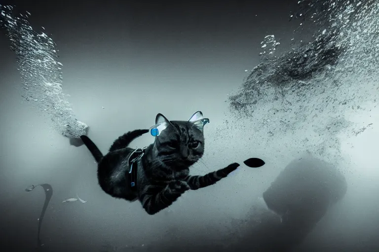 Image similar to a cat dressed as a scuba diver swimming underwater, photo-realistic low lighting, creepy, vast, shot by a camera,