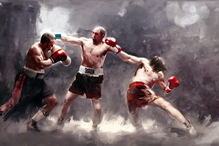 Image similar to jesus christ boxing vs vladimir putin, fist fight, detailed faces, putin face, in battle by anders zorn, wonderful, masterpiece by greg rutkowski, beautiful cinematic light, by greg manchess, jessica rossier