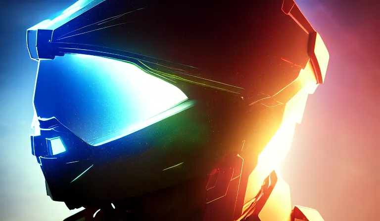 Prompt: cyberpunk halo helmet on space looking up, close shot, reflection, epic, dramatic, cinematic, award winning, ultra detailed, realistic, 8k,