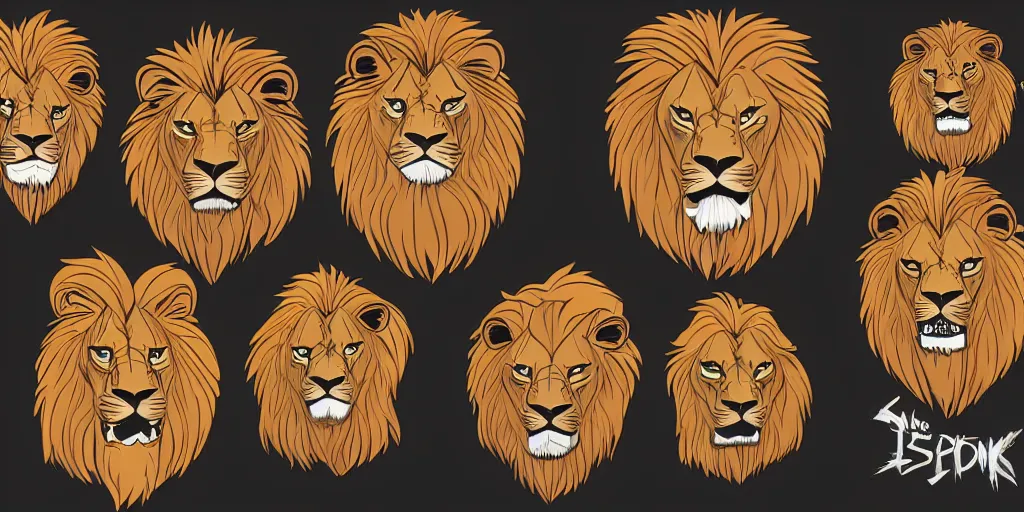 Prompt: game asset of unique lion heads on black background, angry facial expression, organic, animated hanna barbera color palette, animated hanna barbera black inking, toon shading, 5 colors, solid colors, flat 2 d design, 2 d sprites, 8 k, close up