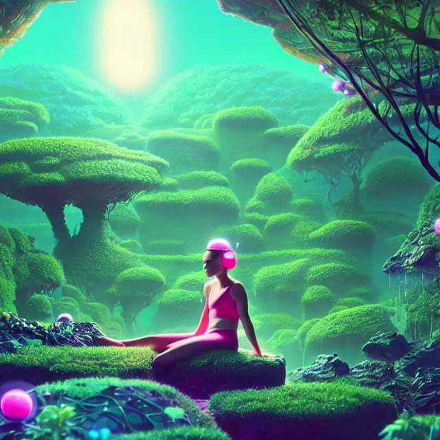 Image similar to a natalie portman sitting on rock, surrounded by bio - luminescent, glowing peaceful serene sentient solarpunk, jungle. in the style of katamari damacy, scattered glowing pink fireflies, soft vaporwave liminal aesthetic. 3 d blender by tomer hanuka, greg rutkowski, beeple, sharp focus, digital painting, concept art