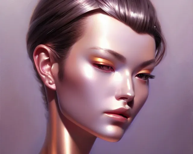 Image similar to a ultradetailed beautiful portrait panting of a stylish female robot, chrome plated, oil painting, by hajime sorayama, greg rutkowski and makoto shinkai, trending on artstation