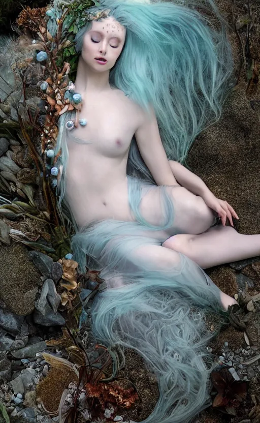 Prompt: dryad asleep in a zen rock garden, by Peter Kemp, ice blue, glamorous hairstyle, frost clings to her skin, wearing translucent white and ice blue transparent fashion, lost in the moment, winter, art nouveau by Brian Froud, berries, a heron, evergreen branches, by Alphonse Mucha, cinematic cold light