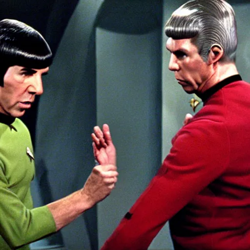 Prompt: Spock gives Kirk a hug