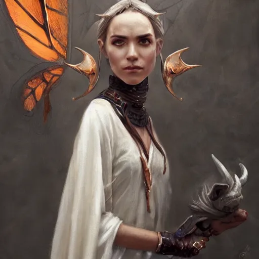 Prompt: A detailed oil portrait of an elf woman with small copper devil horns and copper scales covering her arm and neck wearing a simple white robe, by greg rutkowski, trending on artstation, dungeon and dragons art