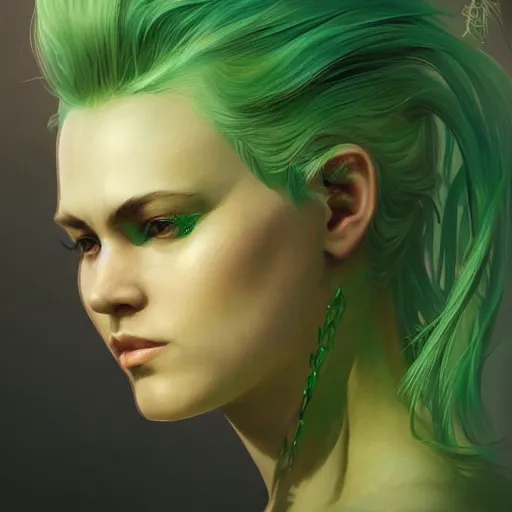 Image similar to character portrait Painting of a woman with dyed green hair, upper body, urban fantasy lighting, intricate, wild, highly detailed, digital painting, artstation, concept art, smooth, sharp focus, illustration, art by artgerm and greg rutkowski and alphonse mucha