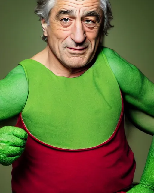 Image similar to Robert de Niro in the role of Kermit the Frog (2005); promotional photo; bokeh, 90mm, f/1.4