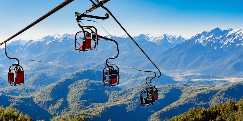 Prompt: detachable chairlift, mountains at background, 4 k,