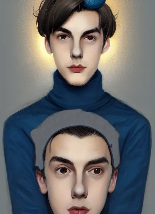 Image similar to portrait of teenage jughead jones wearing a light grey crown, crown, blue turtleneck, 1 9 5 0 s, closed eyes, photorealistic, black hair, glowing lighting, intricate, elegant, glowing lights, highly detailed, digital painting, artstation, concept art, smooth, sharp focus, illustration, art by wlop, mars ravelo and greg rutkowski