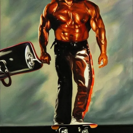 Prompt: A painting Arnold Schwarzenegger from terminator 1984 riding a skateboard smoking cigar, gloomy, action, ambient lighting,