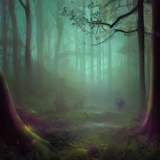 Prompt: A ethereal forest at night, magical and surreal, light and shadows create a dream-like atmosphere, soft and dreamy lighting, digital painting, concept art, artstation trending, beautiful, by Tracie Ching
