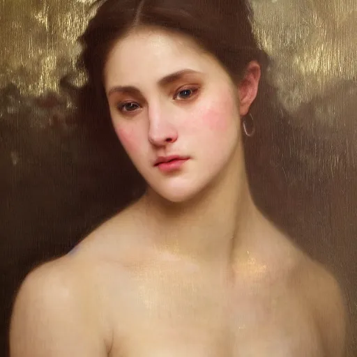 Image similar to hyperrealistic oil painting of woman, oil paint drips, dim volumetric lighting, 8 k octane beautifully detailed render, post - processing, portrait, extremely hyper - detailed, intricate, epic composition, cinematic lighting, masterpiece, by william - adolphe bouguereau and alphonse mucha, trending on artstation, very very detailed, masterpiece, stunning,