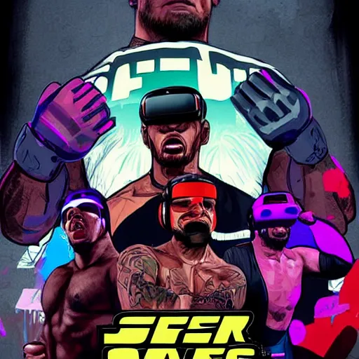 Image similar to poster art of wrestlers wearing vr headsets, gta cover, apex legends, tap out, ufc, digital illustration by sam spratt