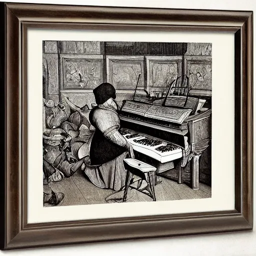 Image similar to old painting old piano, dot art, crosshatch, by pieter bruegel the elder