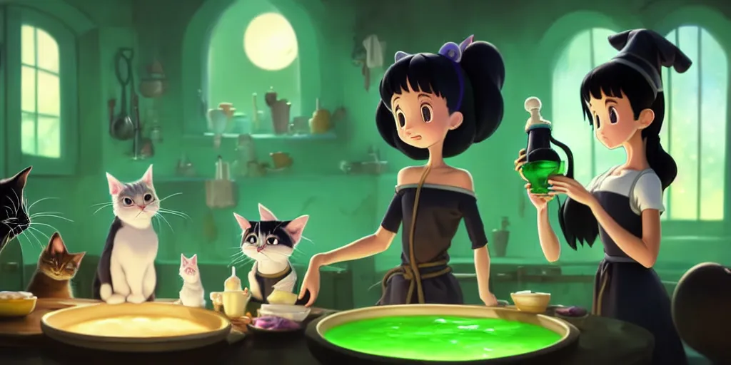 Image similar to a wholesome animation key shot of a ariana grande with black hair as a witch cooking a magic potion in her cauldron of bubbling green liquid as her cats watch, medium shot, waist up, studio ghibli, pixar and disney animation, sharp, rendered in unreal engine 5, anime key art by greg rutkowski, bloom, dramatic lighting