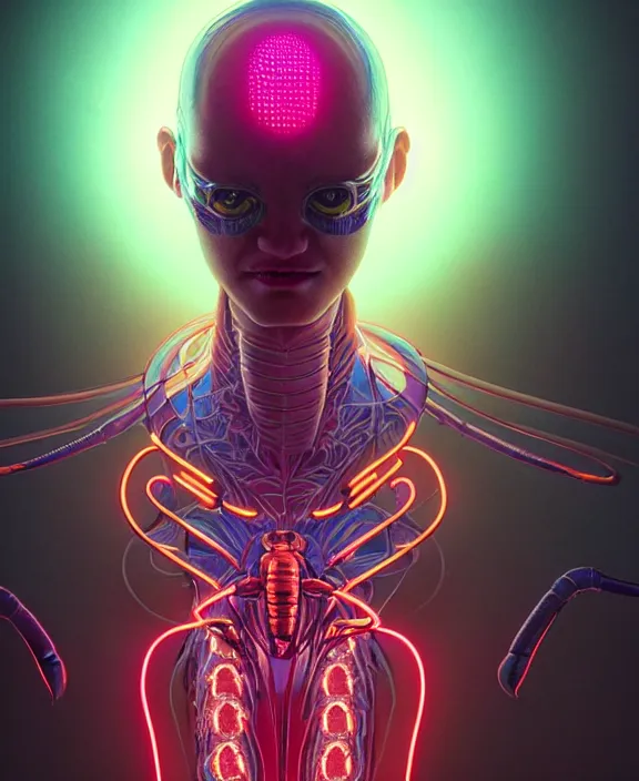 Prompt: intricate neon light portrait of a disturbing terrifying alien insect creature, mottling coloring, adorable, childlike, medical equipment hospital environment, ultra realistic, concept art, art nouveau, photorealistic, octane render, 8 k, unreal engine. art by christopher marley and artgerm and greg rutkowski and alphonse mucha