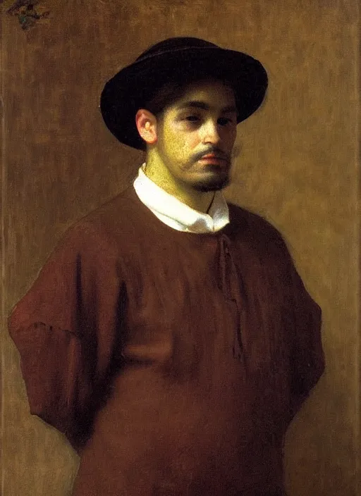 Prompt: portrait of a handsome latino man by thomas cooper gotch and franz xaver kosler, pre raphaelite, oil on canvas