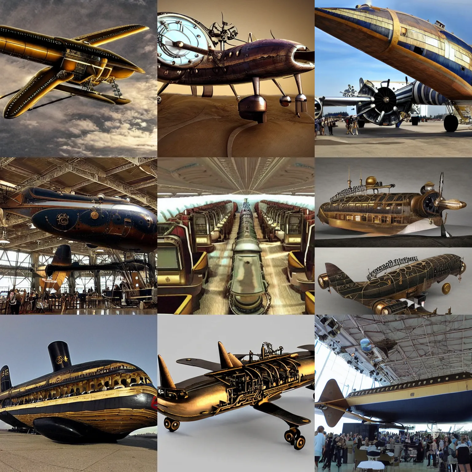 Prompt: an airplane that looks like an ocean liner, steampunk